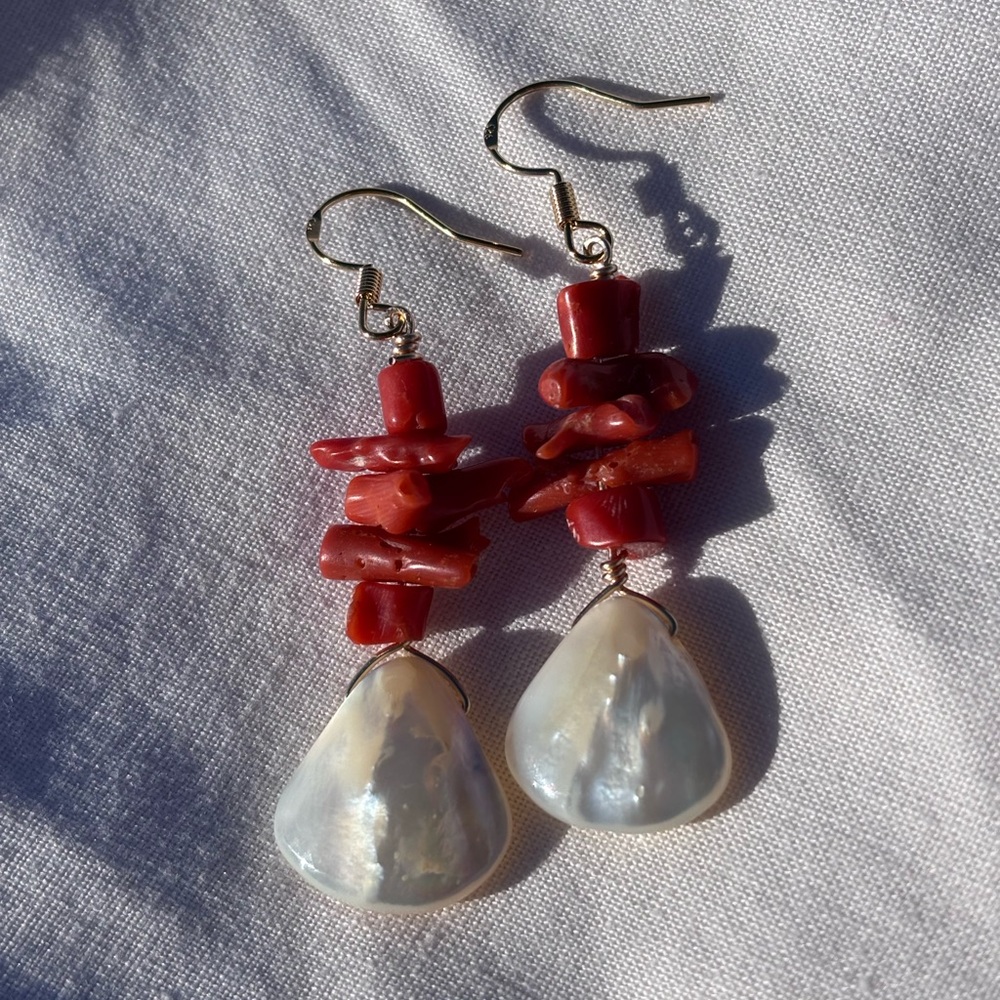 Handmade Vintage Genuine Branch Coral and Mother of Pearl Dangle Earrings